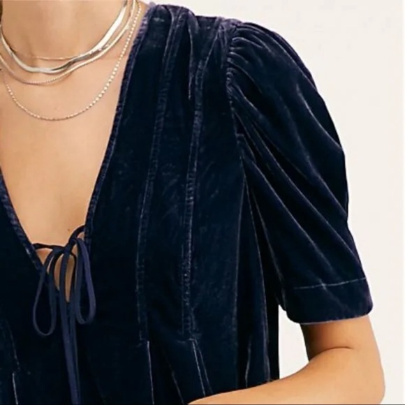 Free People Deep Blue Tie Front Adelle Velvet Tunic Dress Small - Picture 4 of 12